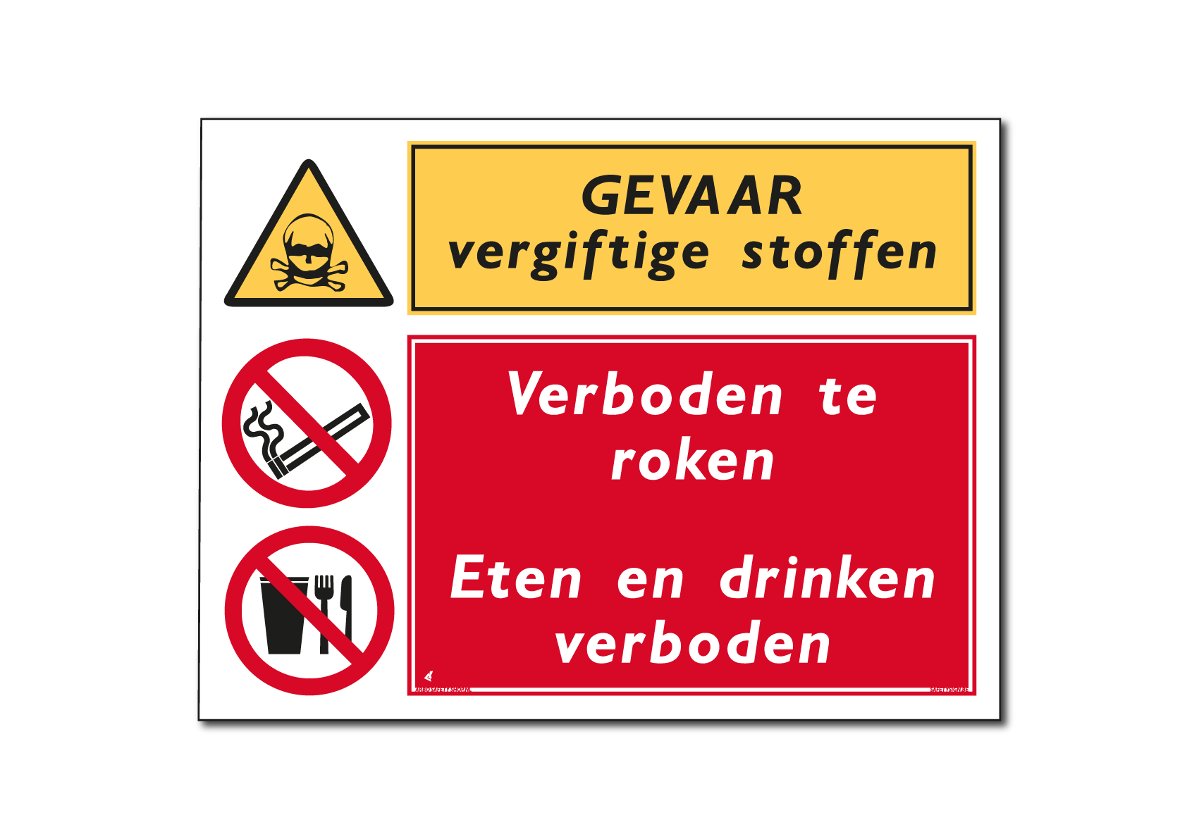 Gevaar vergiftige stoffen Vuur, open vlam en roken verboden  Eten en drinken verboden (DCO19)